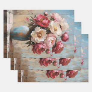 Impressionist Pink Flowers Blue Vase Decoupage Wrapping Paper Sheet