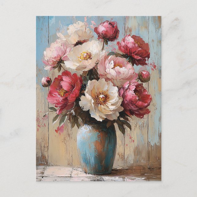 Impressionist Pink Flowers Blue Vase Postcard (Front)