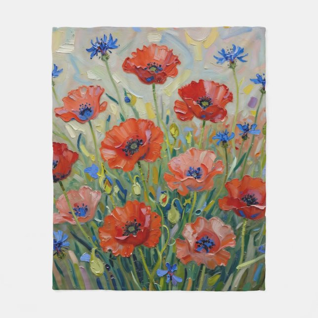 Impressionist Red Poppy Field Fleece Blanket (Front)