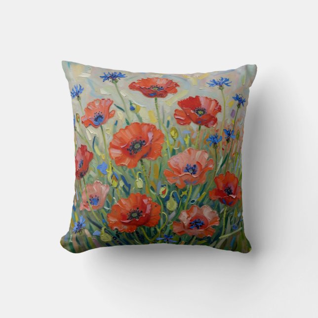 Impressionist Red Poppy Field Throw Pillow (Front)