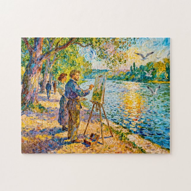 Impressionist Riverside Painter Scene with Park Vi Jigsaw Puzzle (Horizontal)