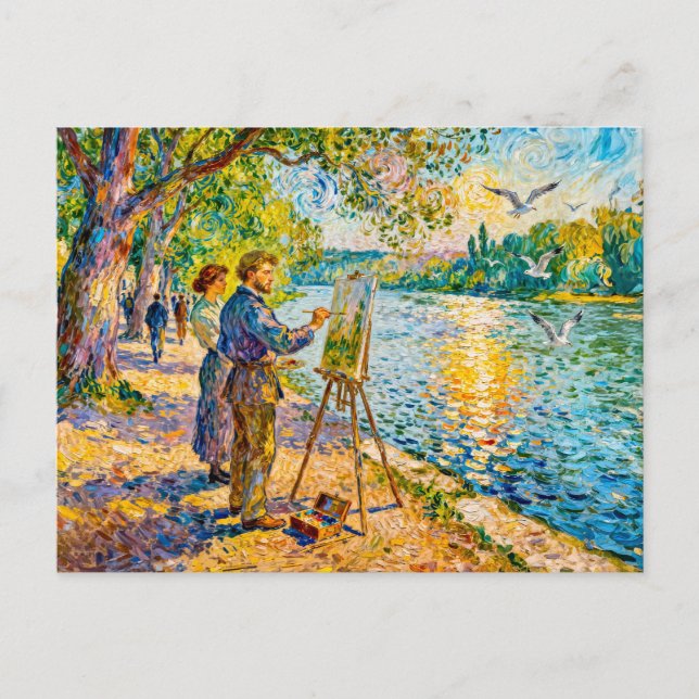 Impressionist Riverside Painter Scene with Park Vi Postcard (Front)