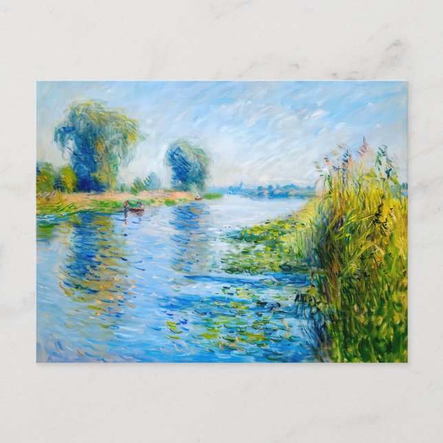 Impressionist Spring Riverbank with boats Holiday Postcard (Front)