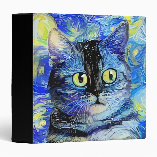Impressionist Starry Night Tabby Cat Portrait Binder (Front/Spine)