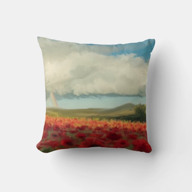 Impressionist style poppy field with rainbow throw pillow (Front)