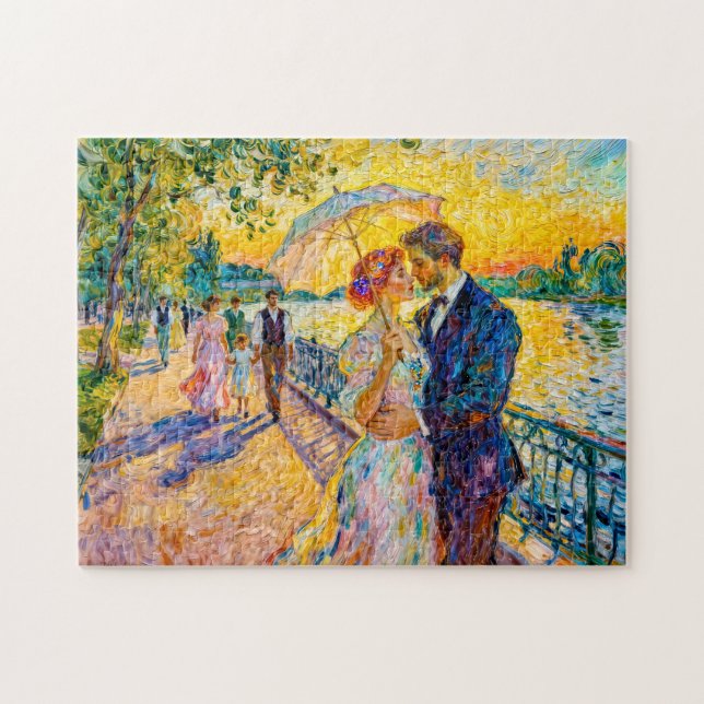 Impressionist Sunset Romance at Riverside Pathway Jigsaw Puzzle (Horizontal)