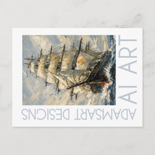 Impressionist Tall Ship at Sea Nautical Art Postcard