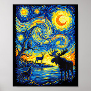 Impressionist Wildlife Nature Moose Wolf Owl Art Poster