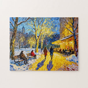 Impressionist Winter City Park Scene with Restaura Jigsaw Puzzle