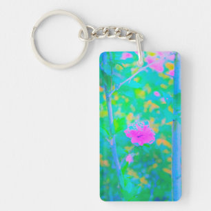 Impressionistic Blue Landscape with Pink Flower Keychain