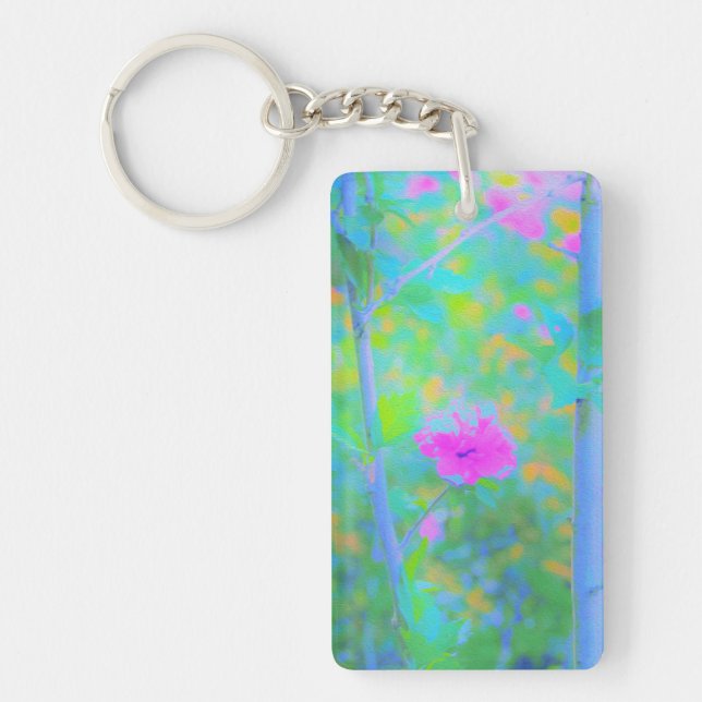 Impressionistic Blue Landscape with Pink Flower Keychain (Front)