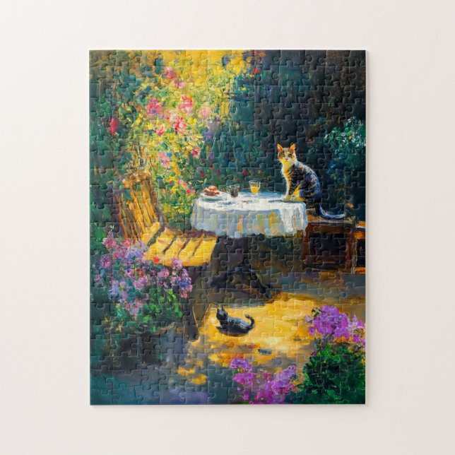 Impressionistic Cats Playing in Garden corner Jigsaw Puzzle (Vertical)