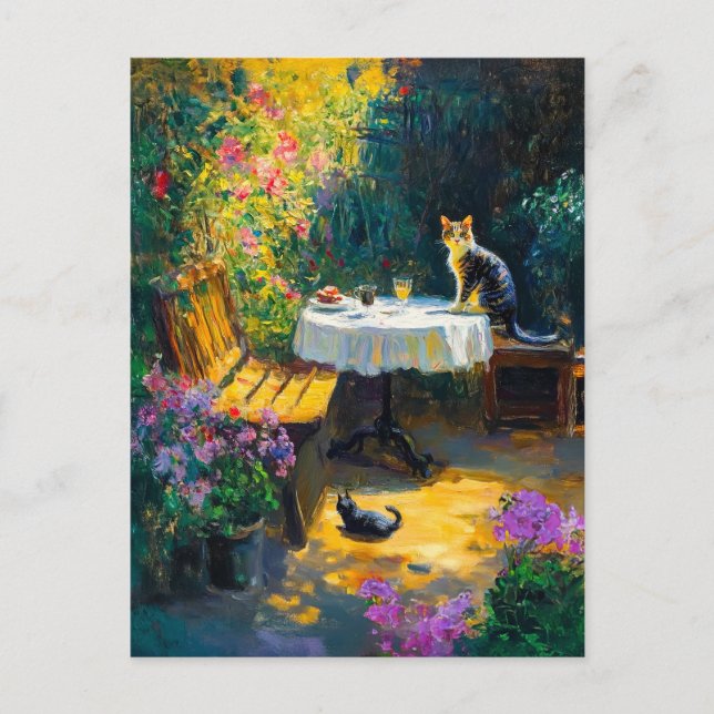 Impressionistic Cats Playing in Garden corner Postcard (Front)