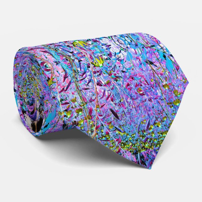 Impressionistic Chartreuse and Aqua Garden Flowers Tie (Rolled)