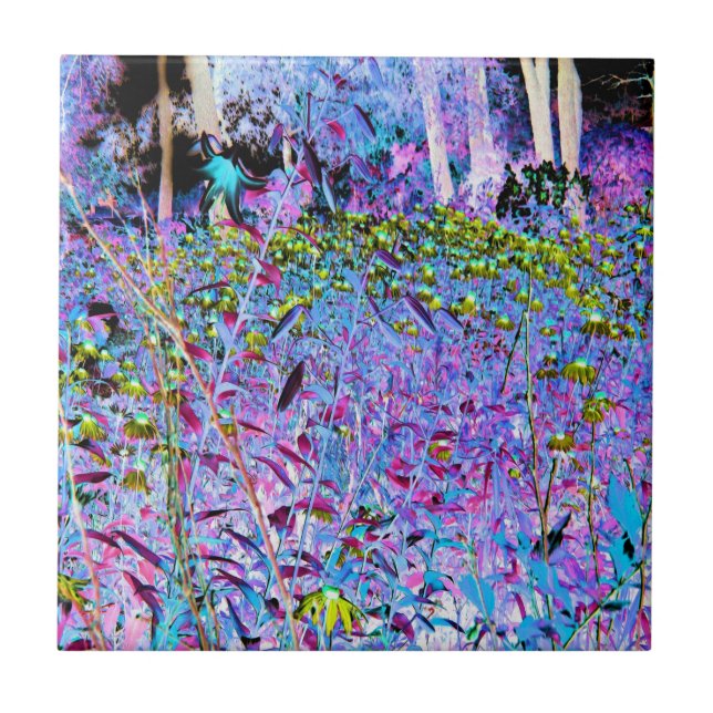 Impressionistic Chartreuse and Aqua Garden Flowers Tile (Front)