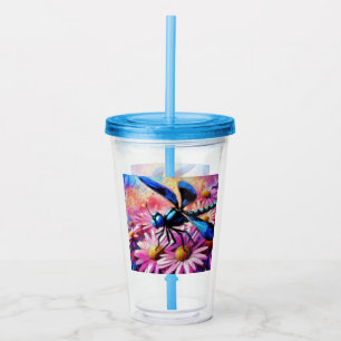 Impressionistic Dragonfly On Pink Daisies Floral Acrylic Tumbler