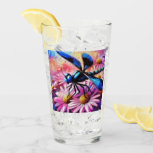Impressionistic Dragonfly On Pink Daisies Floral Glass