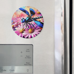 Impressionistic Dragonfly On Pink Daisies Floral Magnet