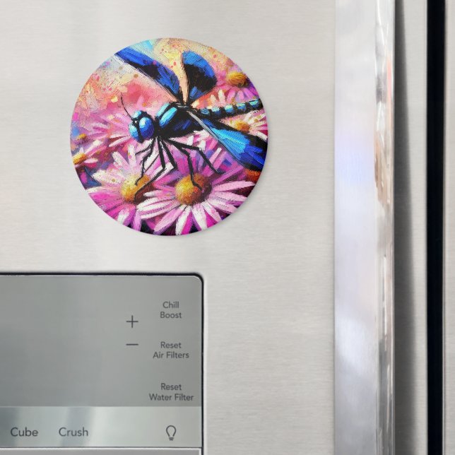 Impressionistic Dragonfly On Pink Daisies Floral Magnet (In Situ (Fridge))