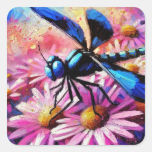 Impressionistic Dragonfly On Pink Daisies Floral Square Sticker