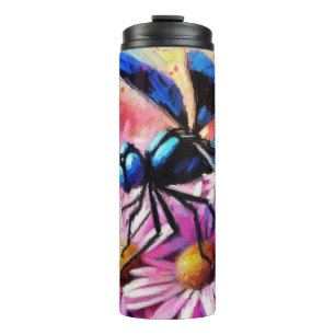 Impressionistic Dragonfly On Pink Daisies Floral Thermal Tumbler