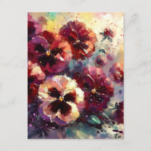 Impressionistic Maroon Pansies Floral Painting Postcard (Front)