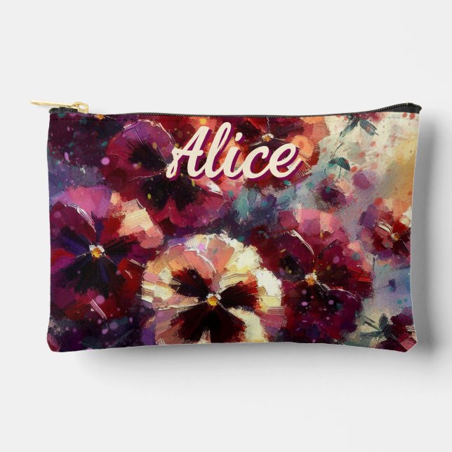 Impressionistic Maroon Pansies Personalized Accessory Pouch (Front)