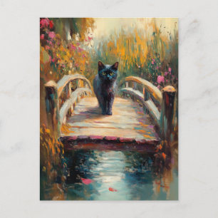 Impressionistic Oil Painting of Black Cat on Woode Postcard