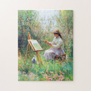 Impressionistic Oil Painting of Cat Beside Outdoor Jigsaw Puzzle