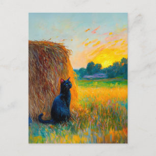 Impressionistic Oil Painting of Cat by Haystack at Postcard