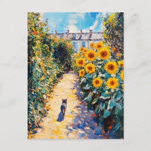 Impressionistic Oil Painting of Cat in Garden Postcard (Front)