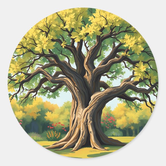Impressionistic Old Oak Tree Art Classic Round Sticker (Front)