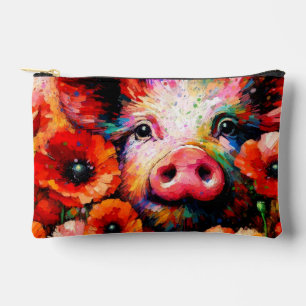 Impressionistic Pig in Red Poppy Flowers Accessory Pouch