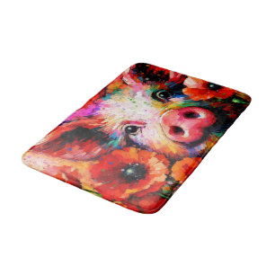 Impressionistic Pig in Red Poppy Flowers Bath Mat
