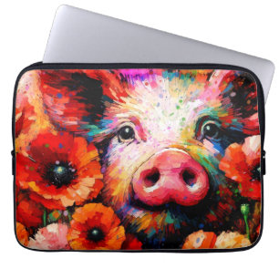 Impressionistic Pig in Red Poppy Flowers Laptop Sleeve