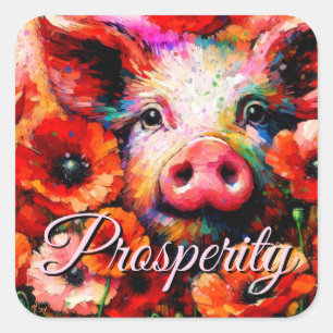 Impressionistic Pig in Red Poppy Flowers Square Sticker