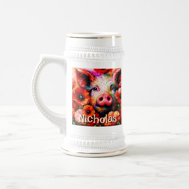 Impressionistic Pig Red Poppy Flowers Personalized Beer Stein (Left)