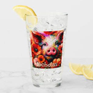 Impressionistic Pig Red Poppy Flowers Personalized Glass