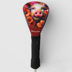Impressionistic Pig Red Poppy Flowers Personalized Golf Head Cover