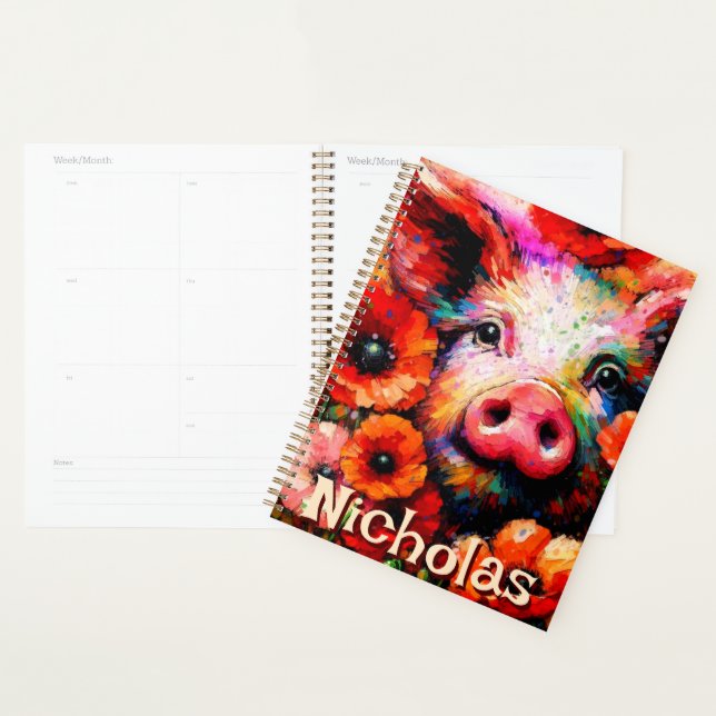 Impressionistic Pig Red Poppy Flowers Personalized Planner (Display)