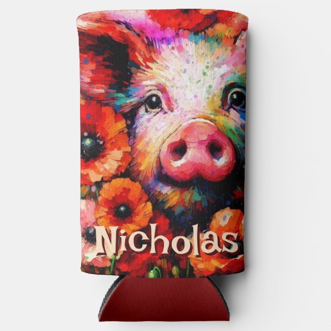Impressionistic Pig Red Poppy Flowers Personalized Seltzer Can Cooler (Front)