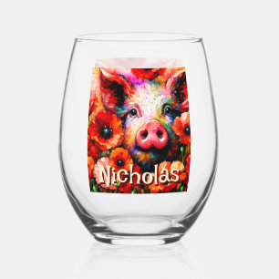 Impressionistic Pig Red Poppy Flowers Personalized Stemless Wine Glass