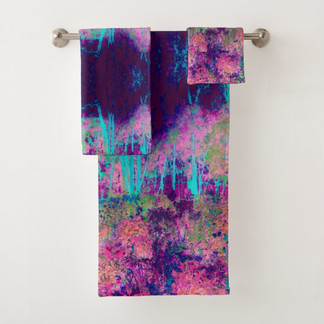 Impressionistic Purple and Hot Pink Landscape Bath Towel Set (Insitu)