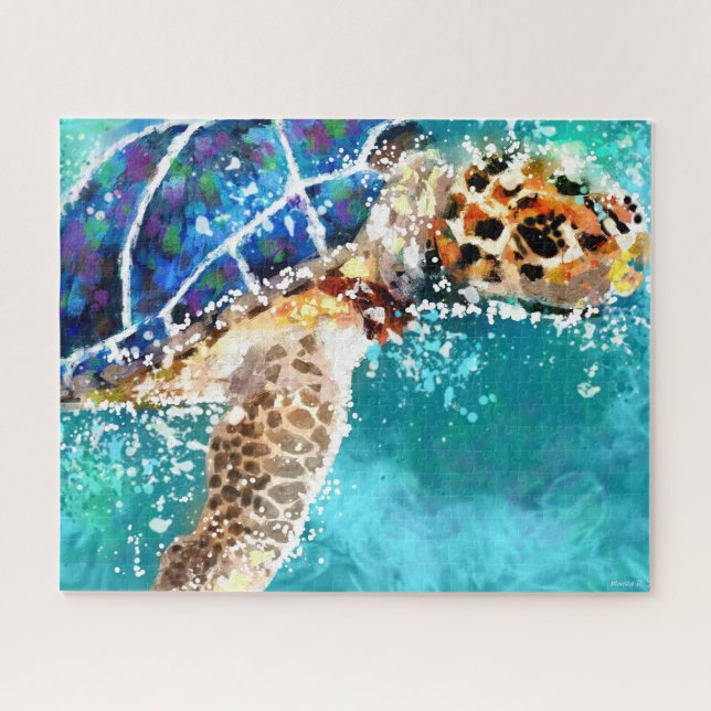 Impressionistic Sea Turtle Tropical Nautical Teal  Jigsaw Puzzle (Horizontal)