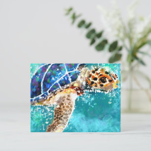 Impressionistic Sea Turtle Tropical Nautical Teal Postcard