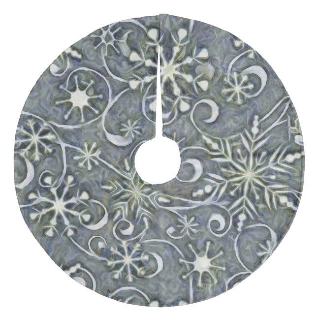 Impressionistic Silver White Dancing Snowflakes Fleece Tree Skirt (Front)