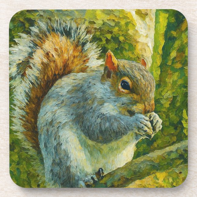 Impressionistic Squirrel in Forest Foliage Coaster (Front)