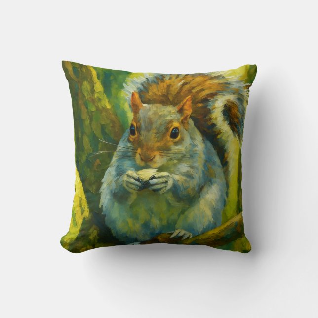 Impressionistic Squirrel in Forest Foliage Throw Pillow (Front)