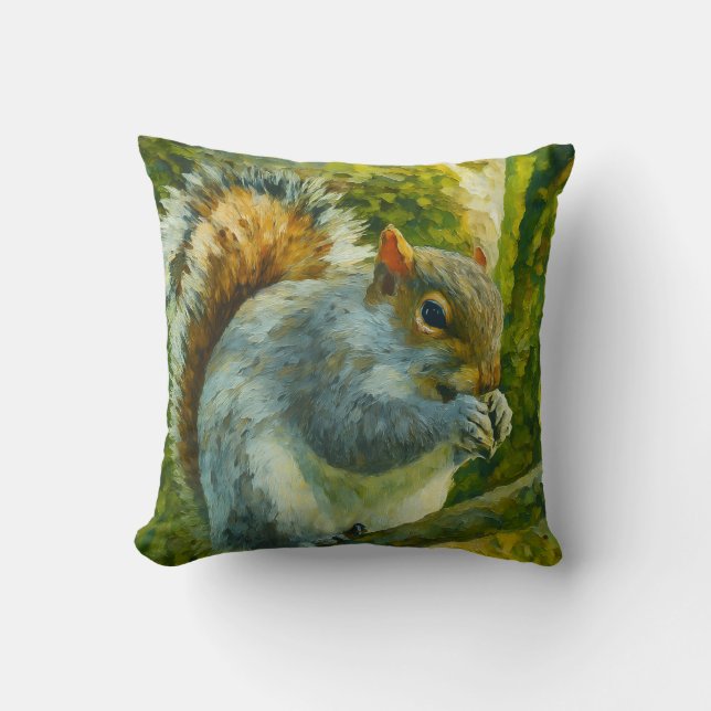 Impressionistic Squirrel in Forest Foliage Throw Pillow (Front)