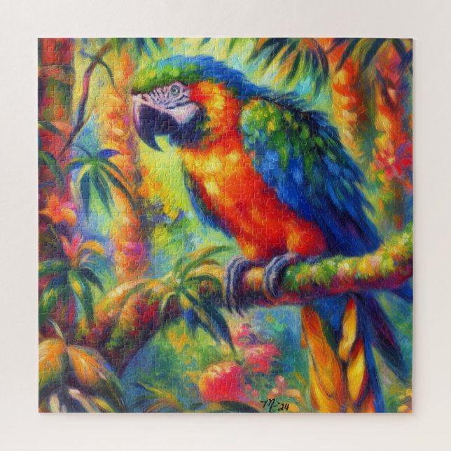 Impressionistic Tropical Parrot Bird Blue Green Jigsaw Puzzle (Vertical)